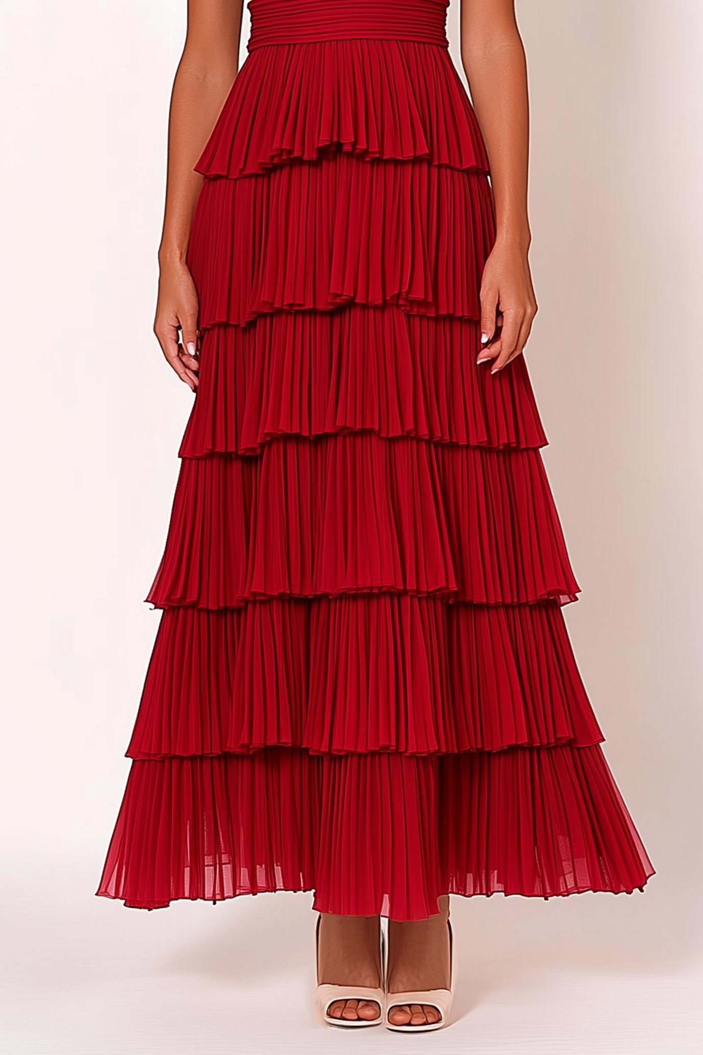 Party Tiered Dress Red Off Shoulder Pleated Maxi Dress