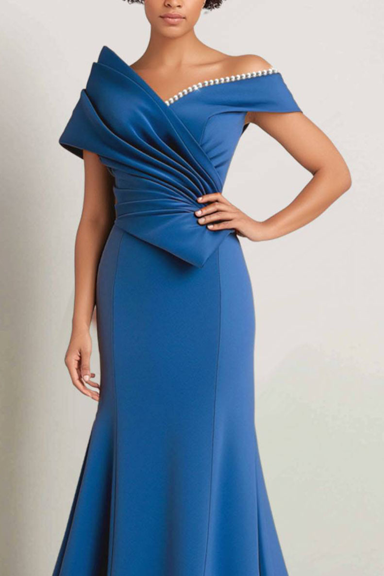 Evening Off-Shoulder Dress Pearl Trim Draped Design Dress