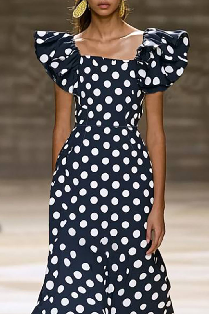 Party Polka Dot Dress Black White Square Neck Floor Dress
