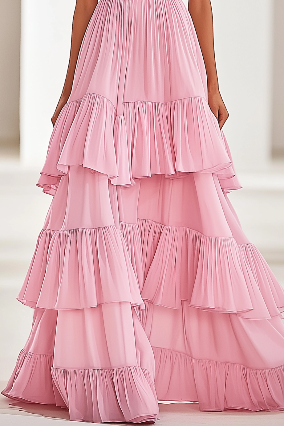 Vacation Party Tiered Dress Pink Spaghetti Strap Ruffle Floor Dress
