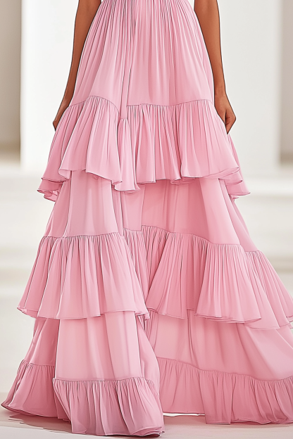 Vacation Party Tiered Dress Pink Spaghetti Strap Ruffle Floor Dress