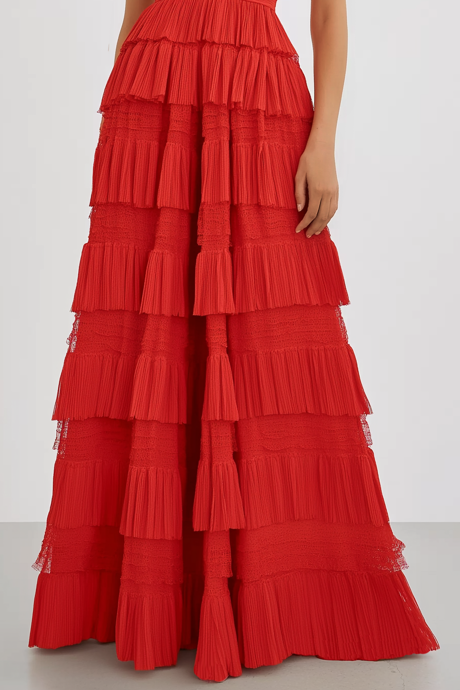 Prom Party Tiered Dress Red Halter V Neck Floor Dress