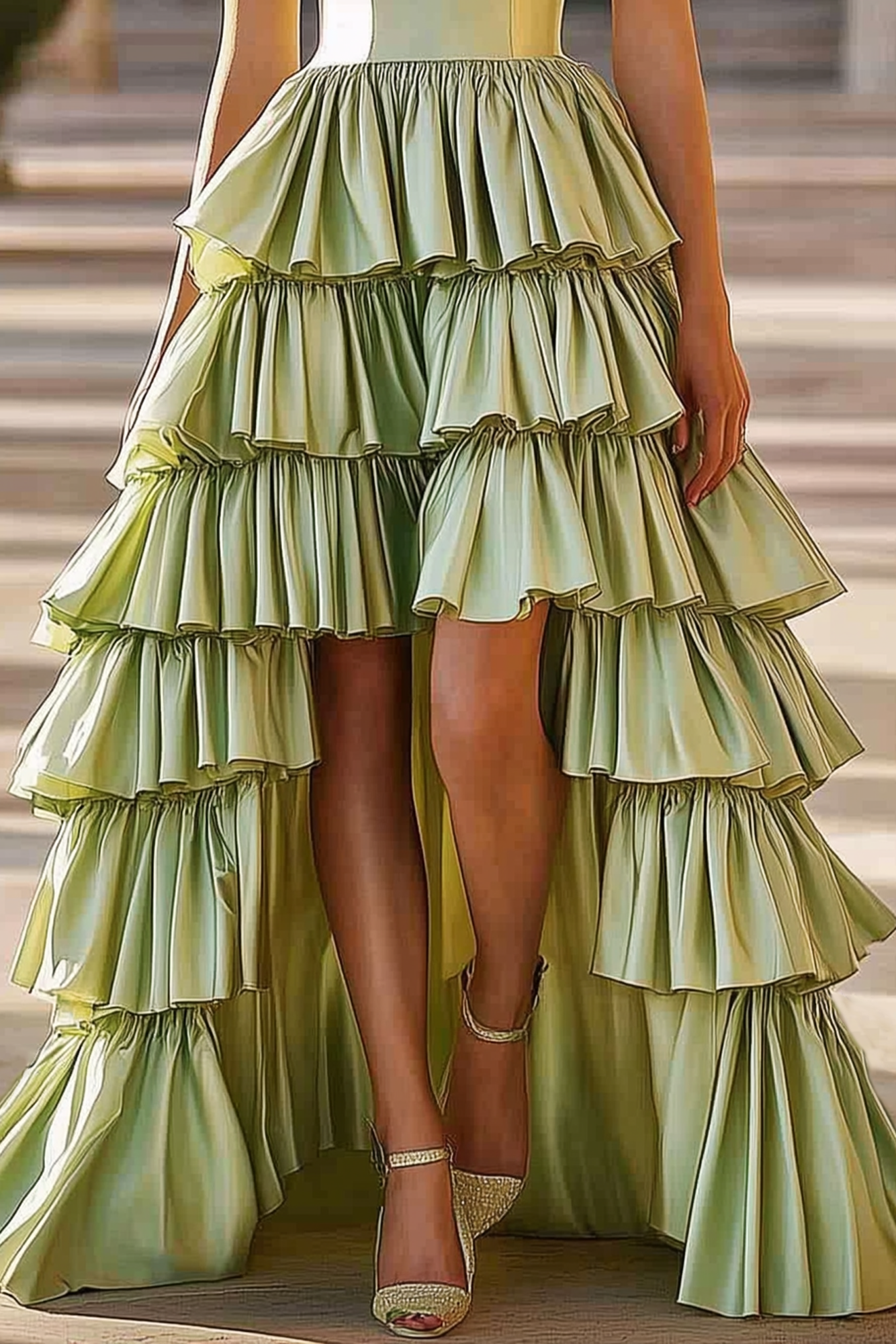 Prom Party Tiered Dress Light Green Strapless High Low Floor Dress