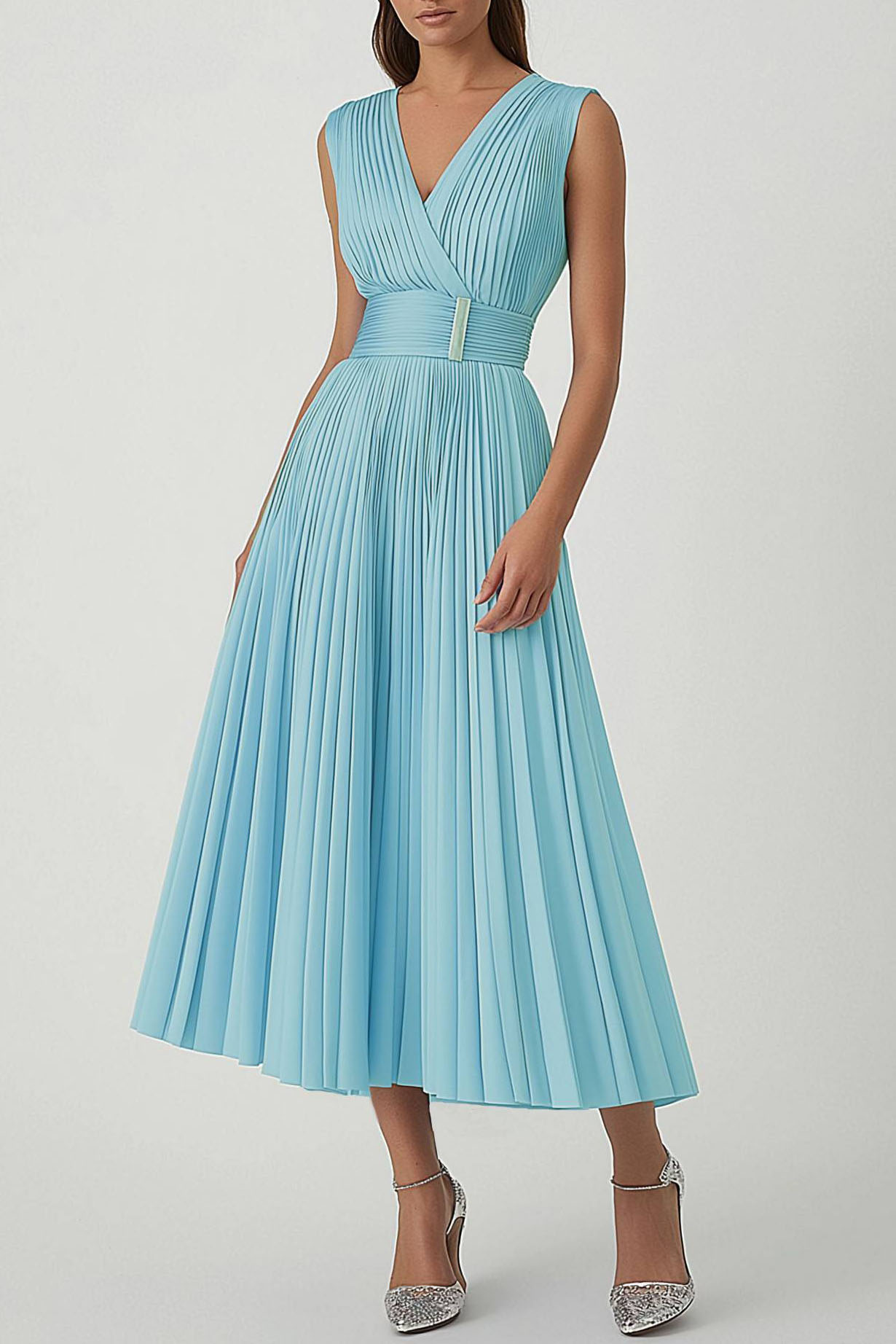 Party Semi Formal Dress Light Blue Sleeveless A-Line Pleated Midi Dress