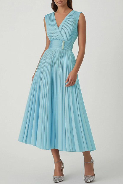 Party Semi Formal Dress Light Blue Sleeveless A-Line Pleated Midi Dress