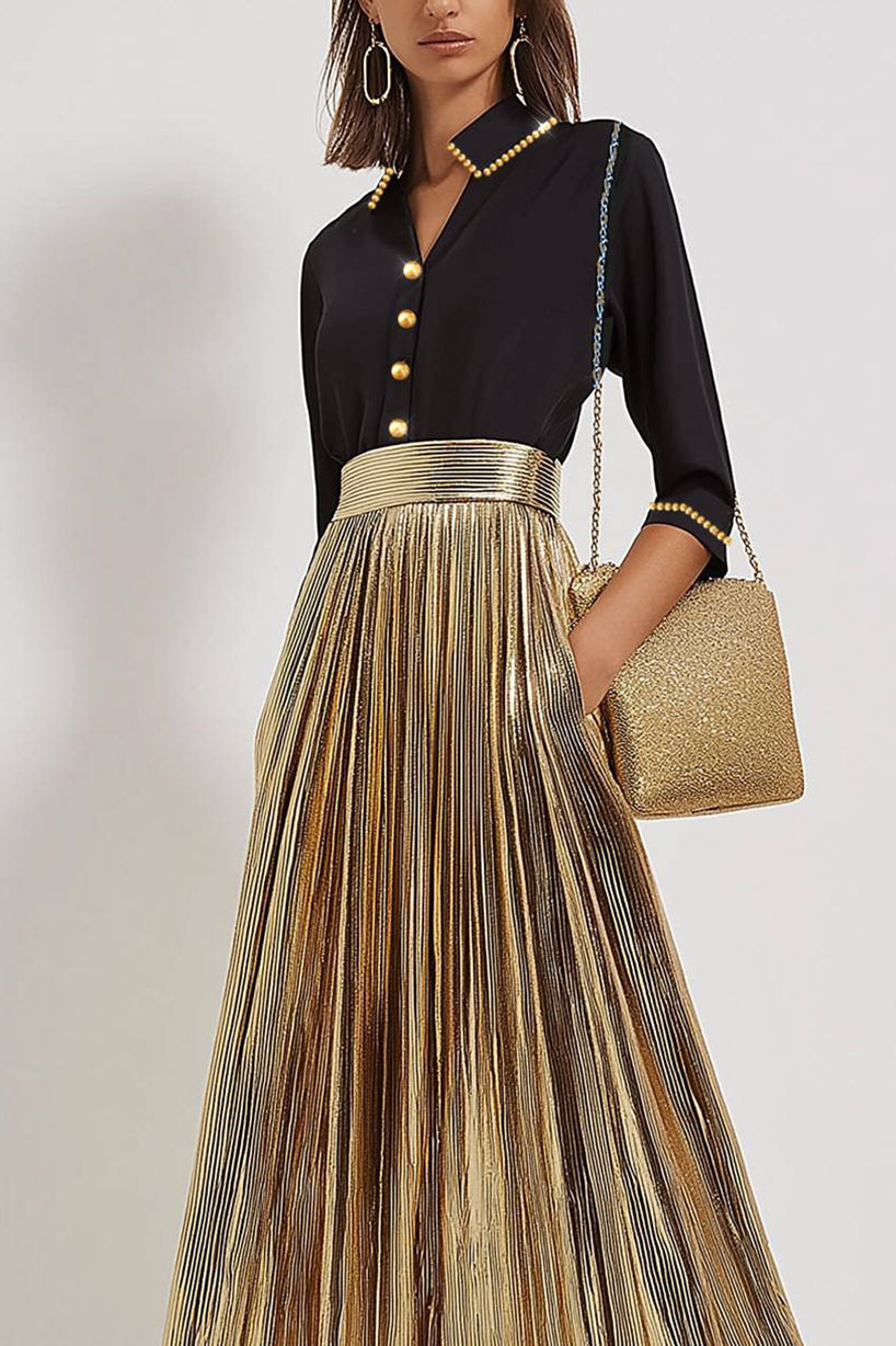 Work Daily Black Gold Dress Metallic Pleated Stand-Up Collar Maxi Dress
