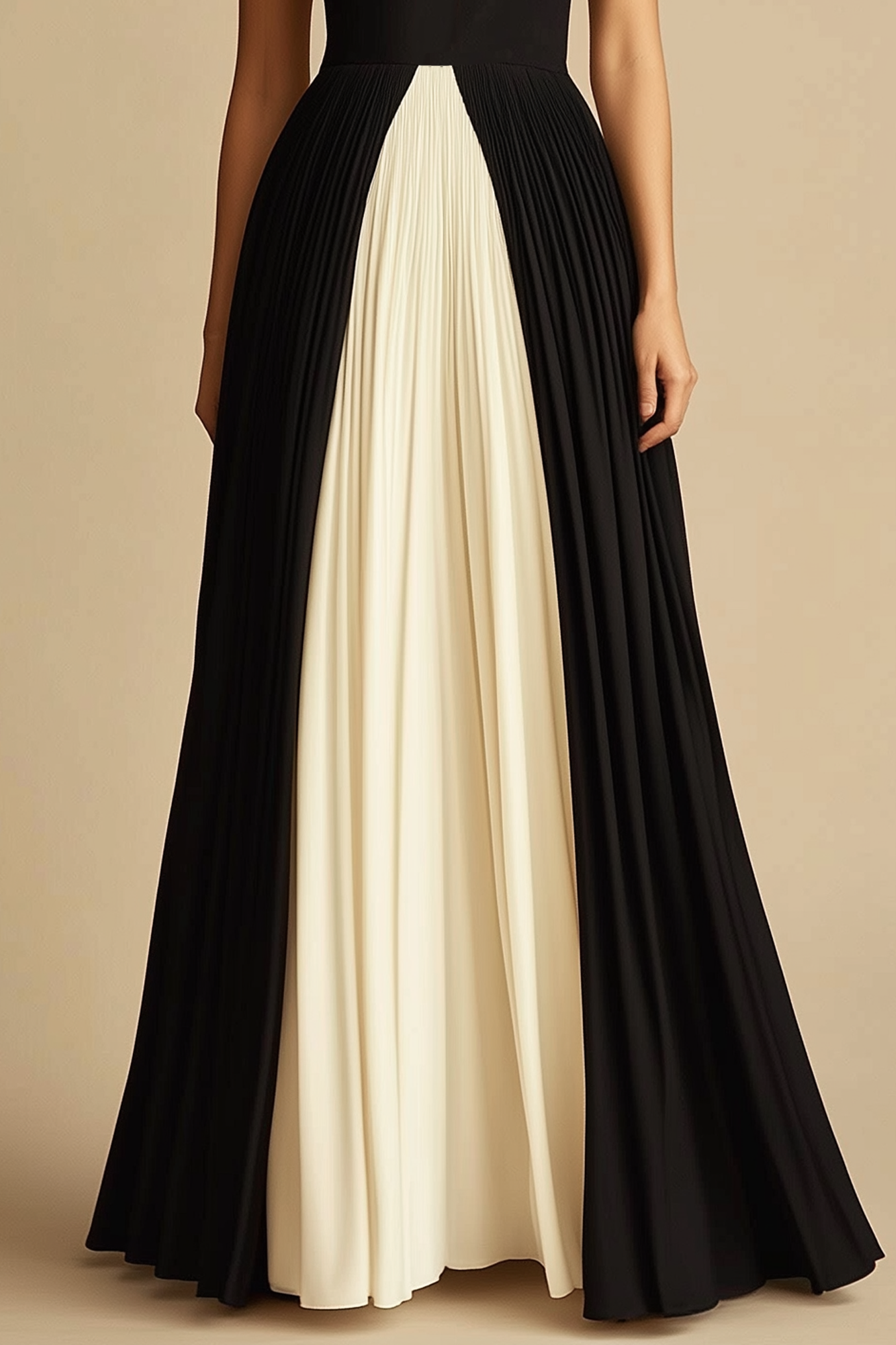 Formal Evening Dress Black Beige Spaghetti Strap Deep V Maxi Dress