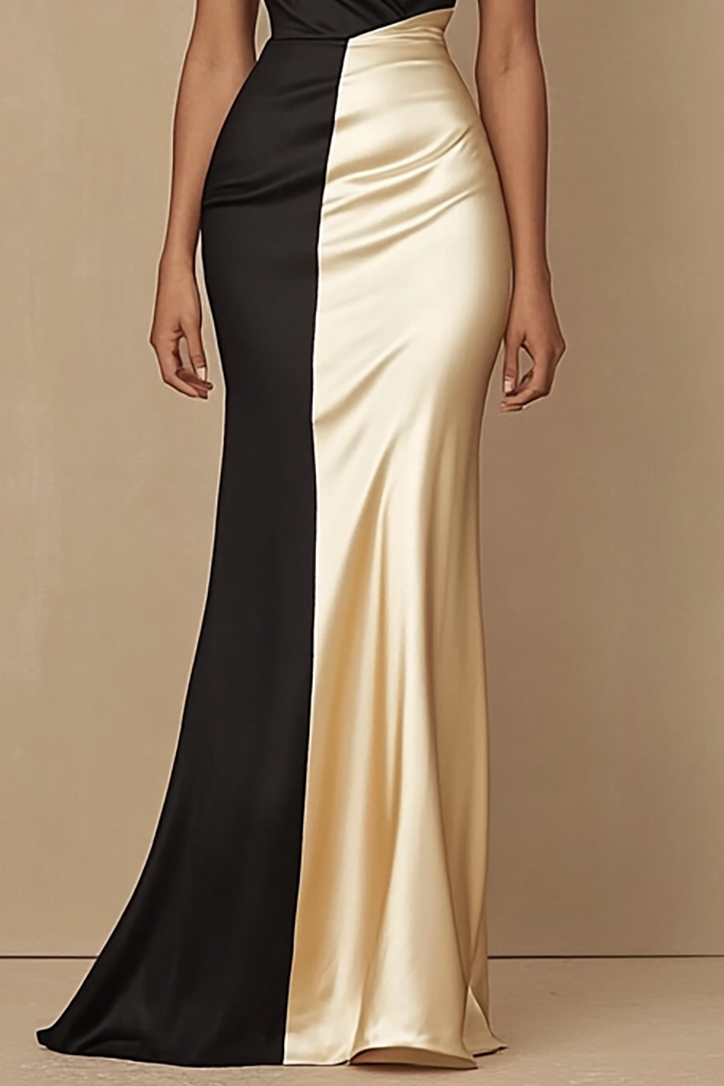 Formal Evening Dress Black Champagne Cross Neck Satin Floor Length Dress