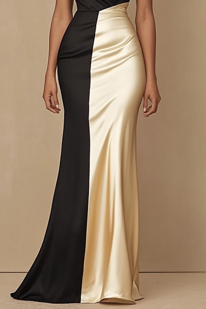 Formal Evening Dress Black Champagne Cross Neck Satin Floor Length Dress