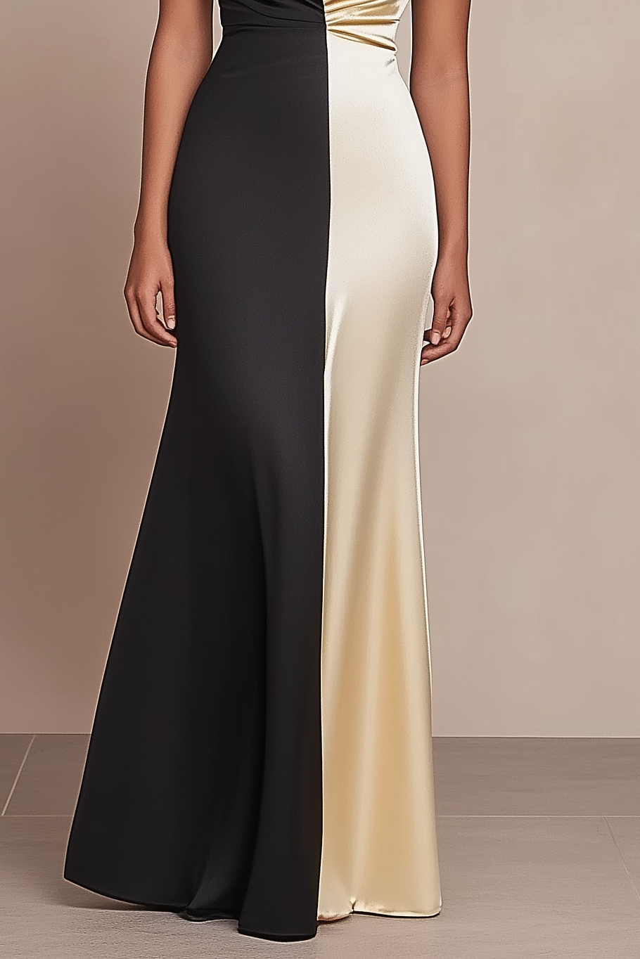 Formal Evening Dress Black Champagne V Neck Satin Floor Dress