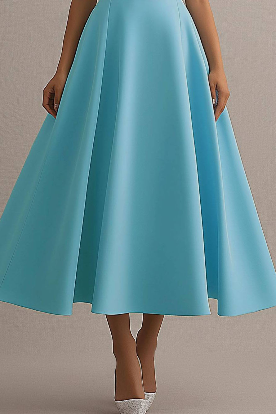 Party Dress Light Blue Round Neck Sleeveless A-Line Midi Dress