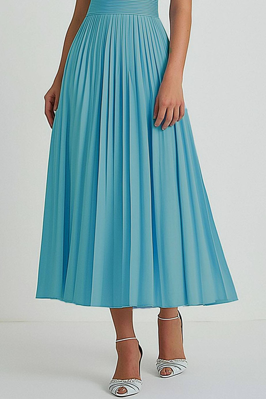Party Dress Light Blue Round Neck Pleated A-Line Midi Dress