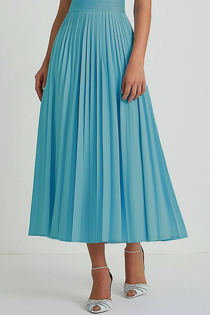Party Dress Light Blue Round Neck Pleated A-Line Midi Dress