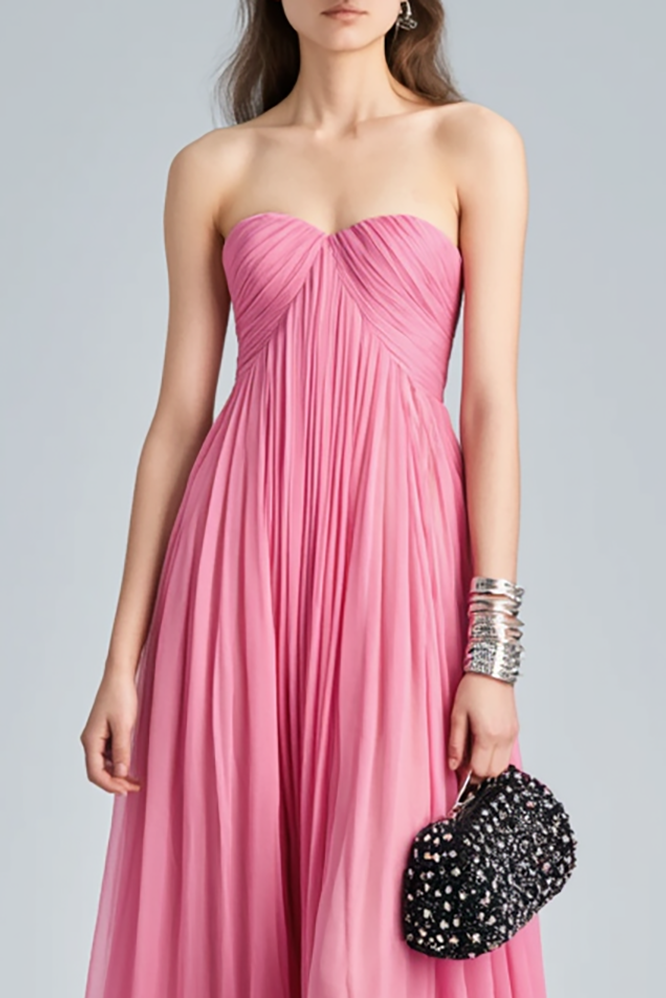 Holiday Evening Dress Pink Strapless Ruched Floor Chiffon Dress