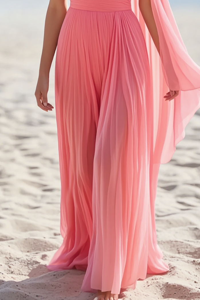 Formal Evening Dress Light Pink One Shoulder Chiffon Pleated Floor Dress