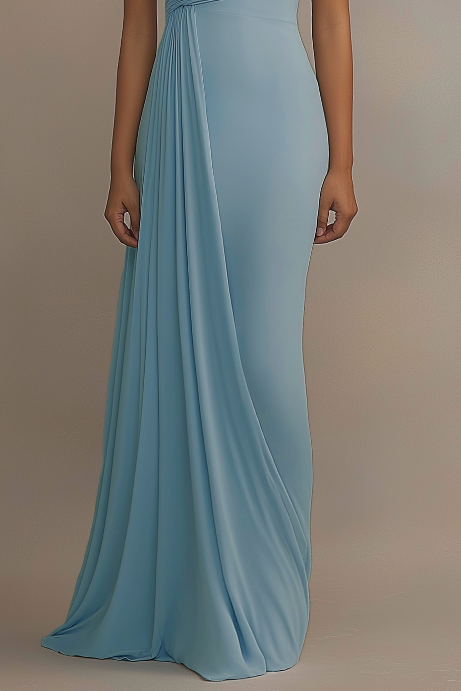 Formal Evening Dress Light Blue One Shoulder Ruched Floor Dress