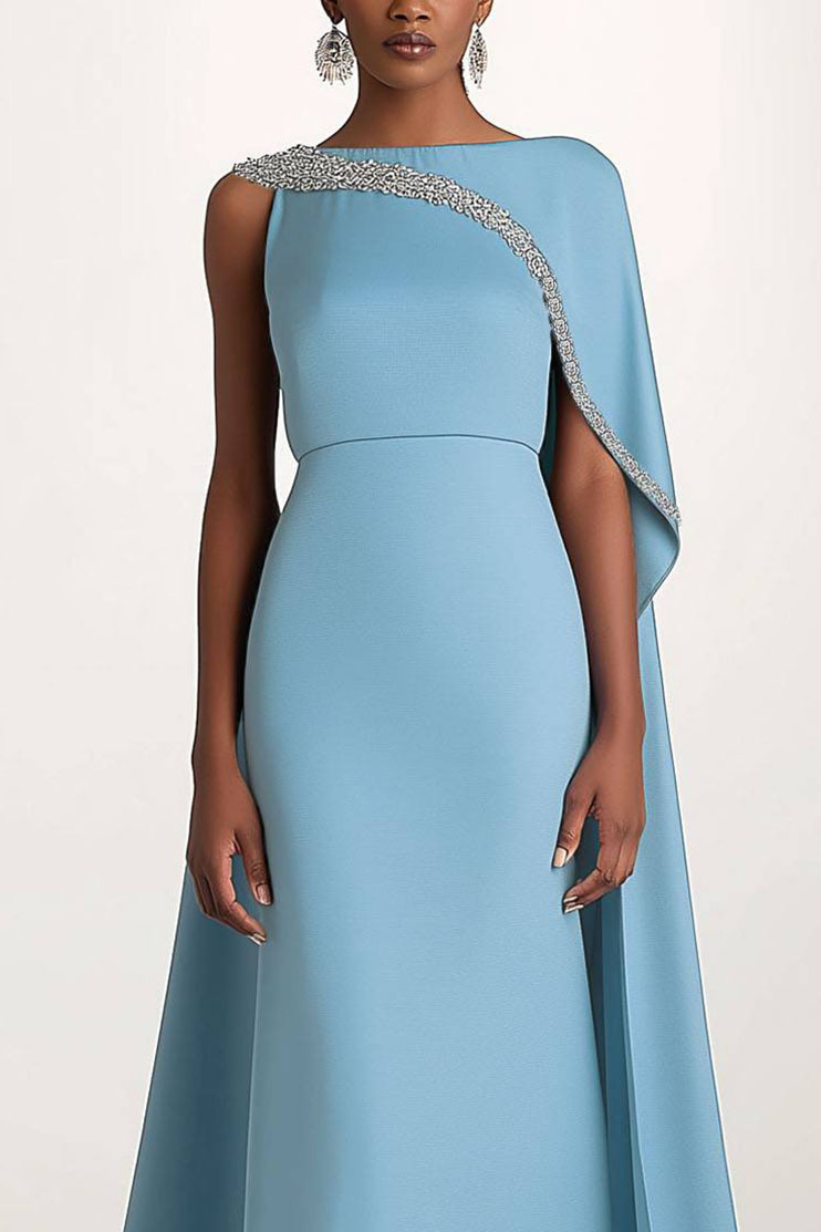 Elegant Evening One-Shoulder Dress Rhinestone Decorated Cape Asymmetrical Dress
