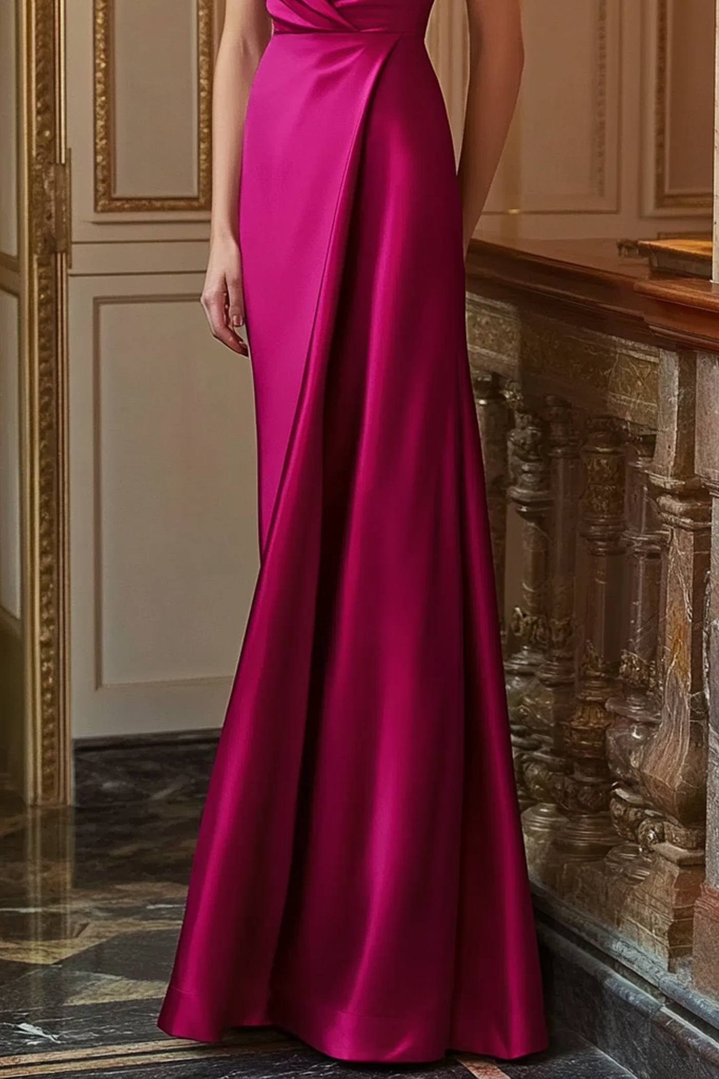 Formal Evening Dress Fuchsia Deep V Satin Floor Dress
