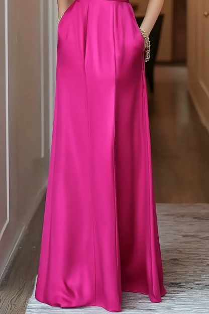 Formal Evening Dress Fuchsia Deep V Satin Pocket Floor Dress