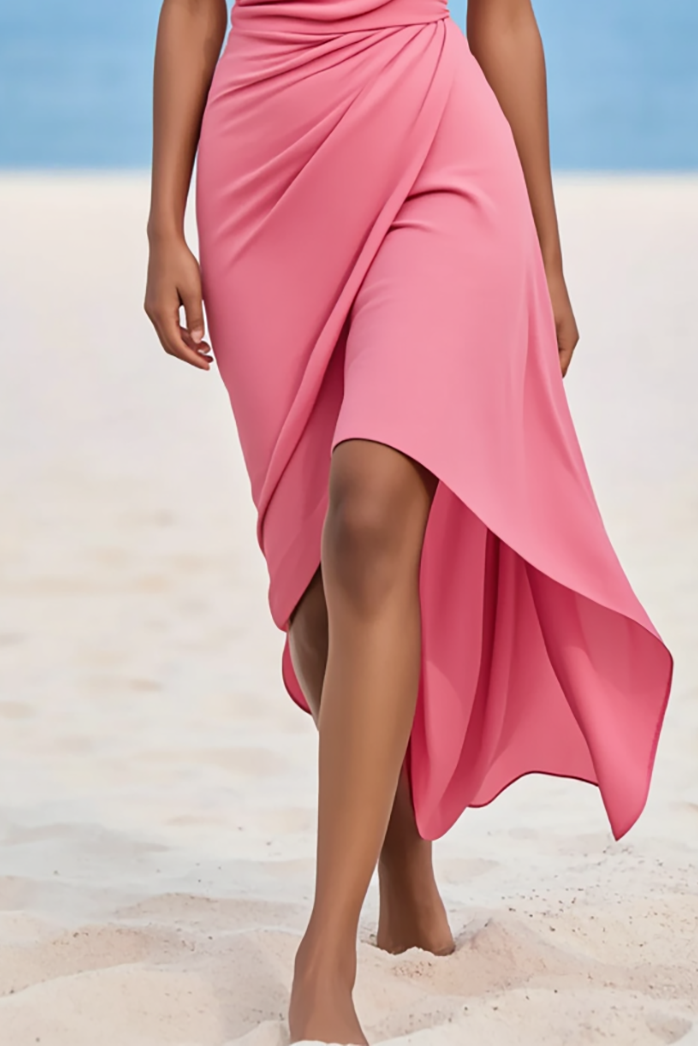 Wedding Guest Party Dress Pink One Shoulder Asymmetrical Midi Dress