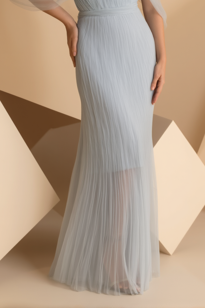 Wedding Guest Party Dress Light Blue Mesh Off Shoulder Floor Dress