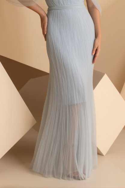 Wedding Guest Party Dress Light Blue Mesh Off Shoulder Floor Dress