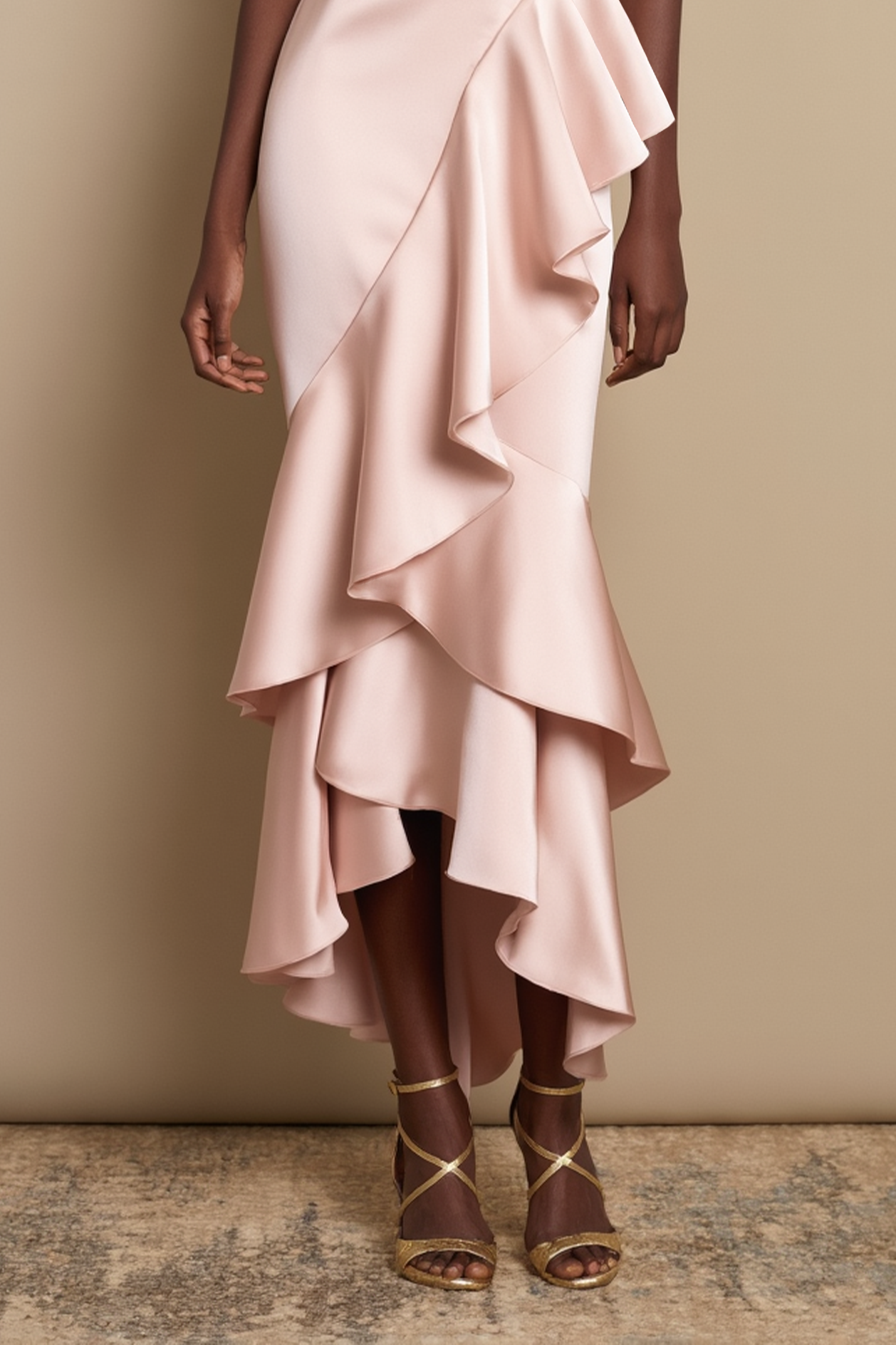 Party Dress Light Pink Satin One Shoulder Ruffle Midi Dress