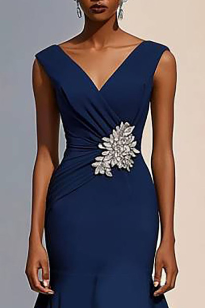Semi-Formal Party Dress Blue Sleeveless Rhinestone Mermaid Midi Dress