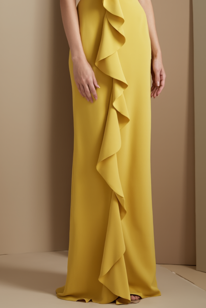 Formal Evening Gown Yellow One Shoulder Ruffle Floor-Length Dress