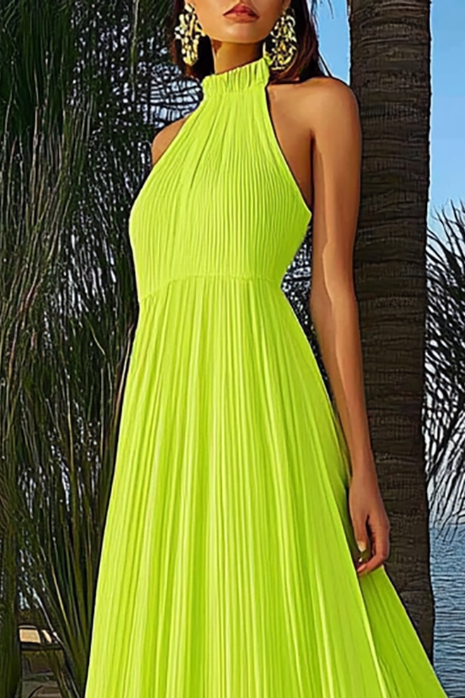 Vacation Halter Dress Neon Green Pleated Floor-Length Dress