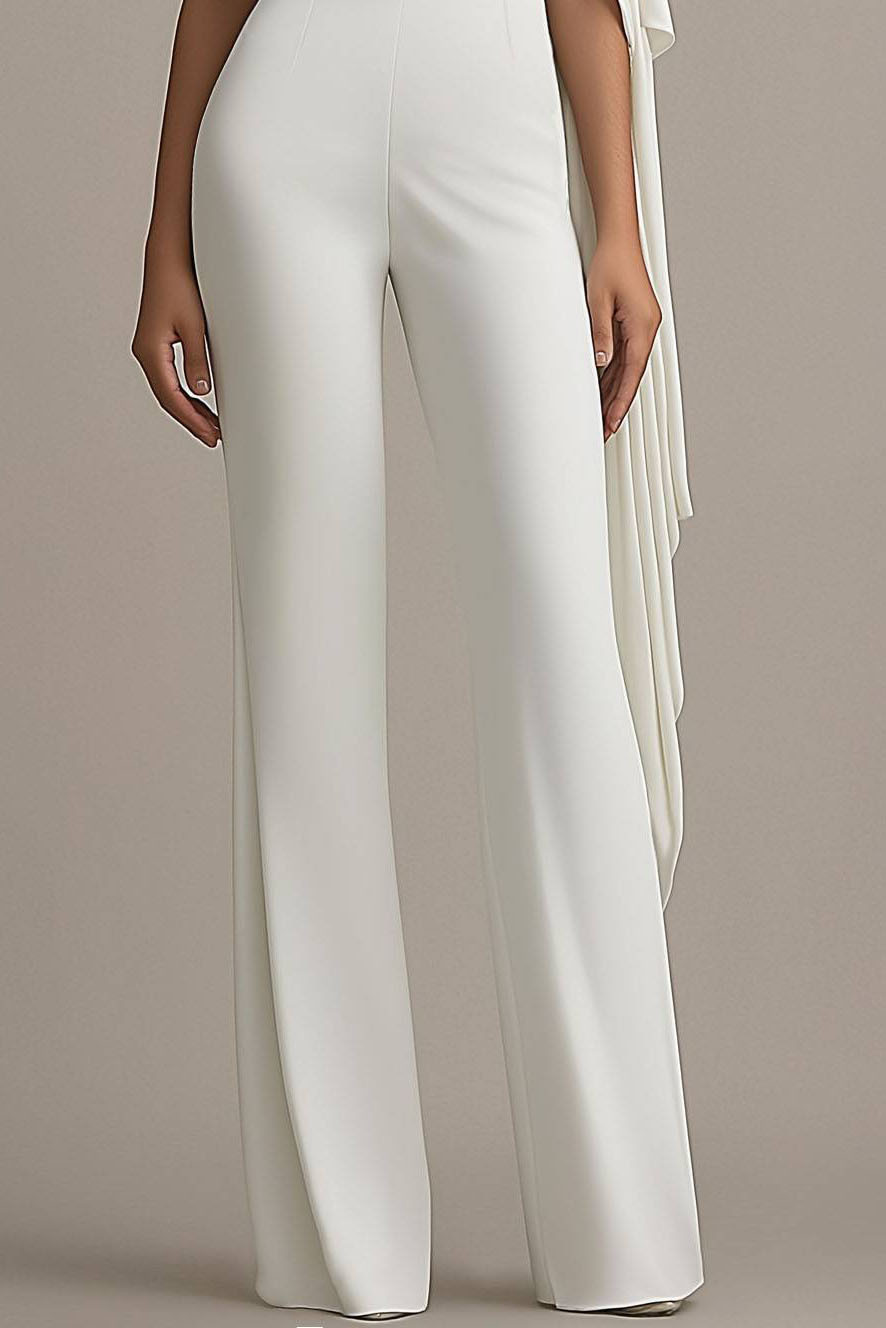 Formal Off-Shoulder White Draped Wide-Leg Jumpsuit