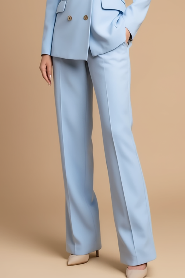 Work Formal Blazer Suit Set Light Blue Gold Lapel Pocketed Pantsuit