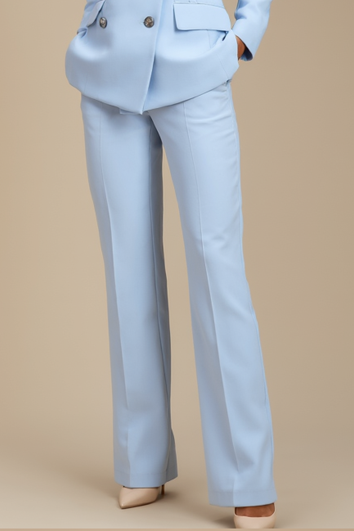 Work Formal Blazer Suit Set Light Blue Pocketed Straight-Leg Pantsuit