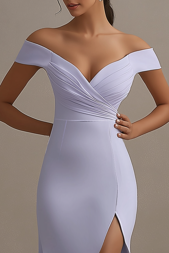 Wedding Guest Party Dress Lilac Off Shoulder High Split Floor-Length Dress