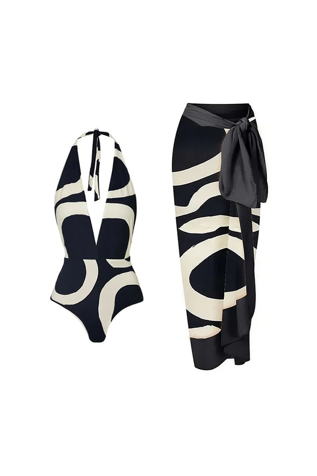 3D Black and White Houndstooth V-Neck One Piece Swimsuit and Wrap Skirt Cover-Up