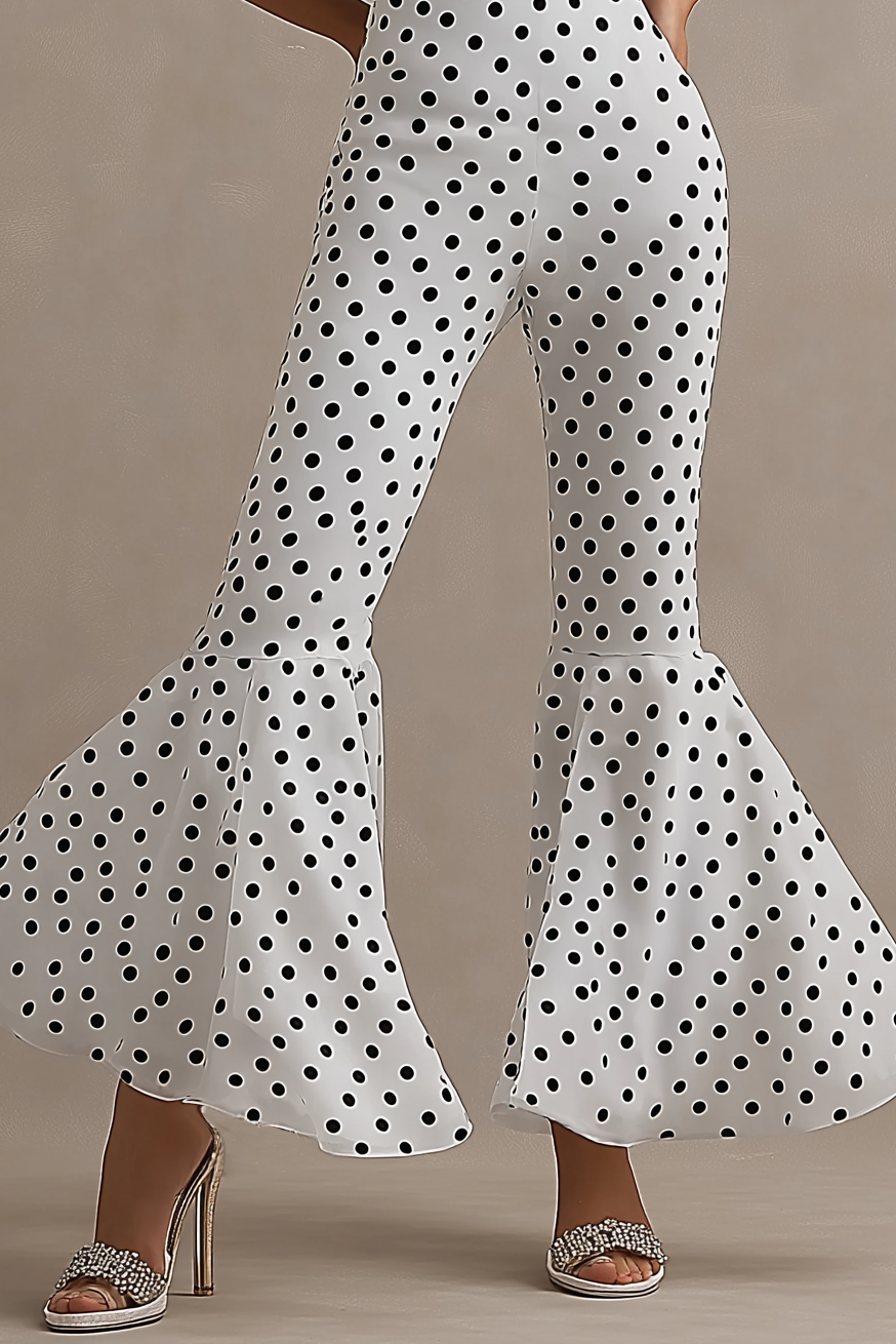 Cocktail Party Jumpsuit Black White Polka Dot Strapless Flared Pants