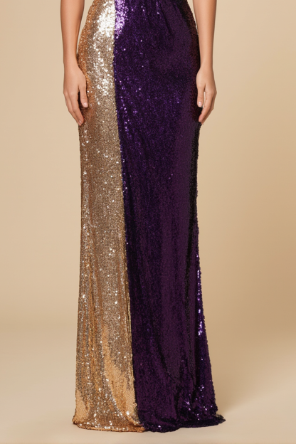 Evening Formal Sequin Dress Gold Purple One Shoulder Floor-Length Gown