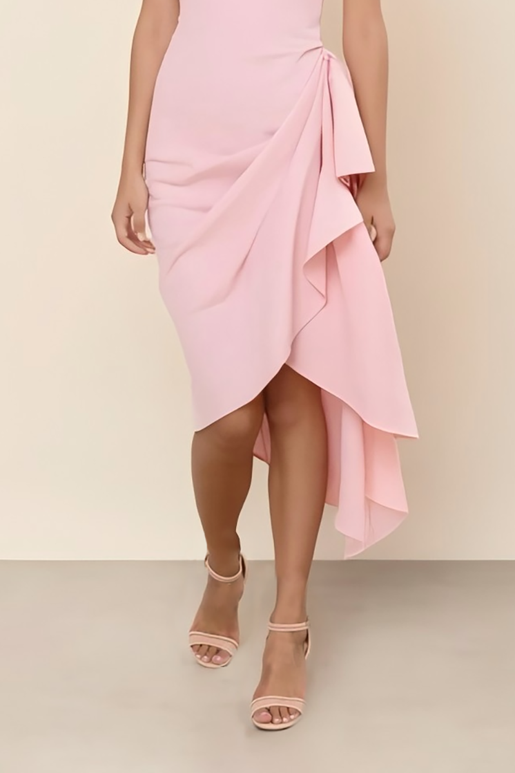 Cocktail Party Halter Dress Light Pink Asymmetrical Hem Midi Dress