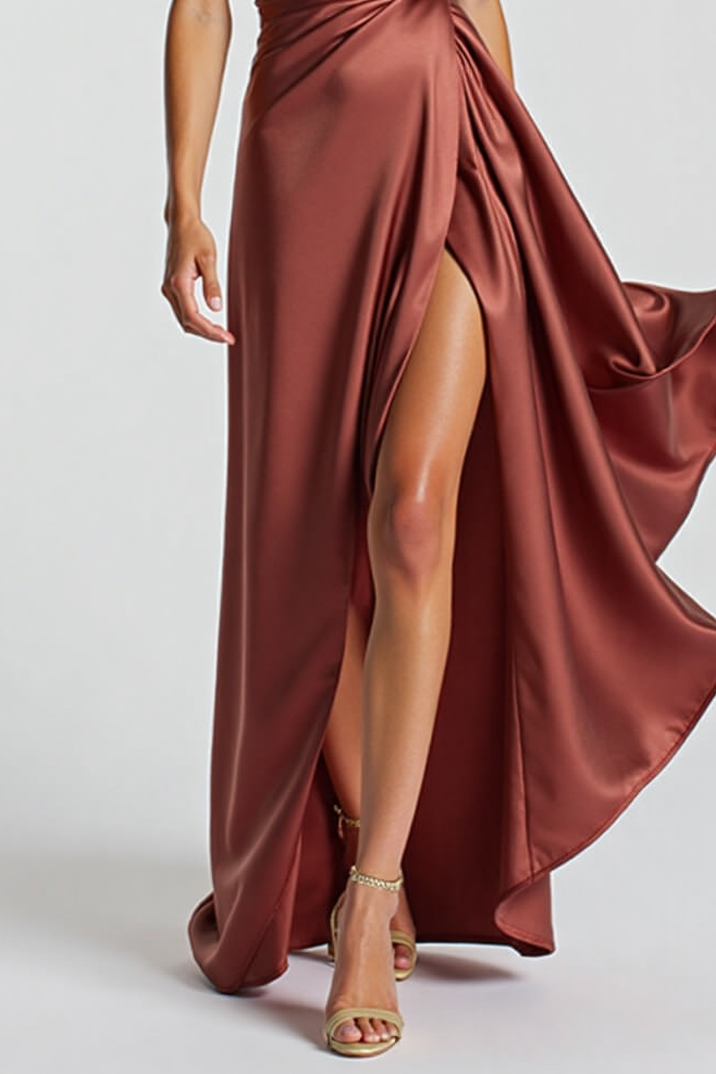 Formal Evening Dress Brown Satin High Split Floor-Length Gown
