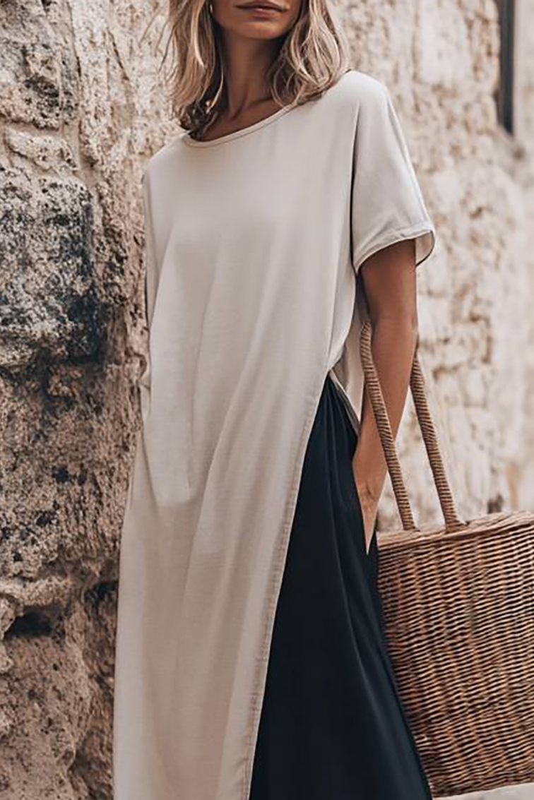 Casual Vacation Dress Colorblock Round Neck Pocketed Maxi Dress