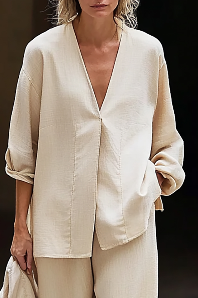 Daily Casual Set Beige Deep V Linen Long Sleeve Pants Set