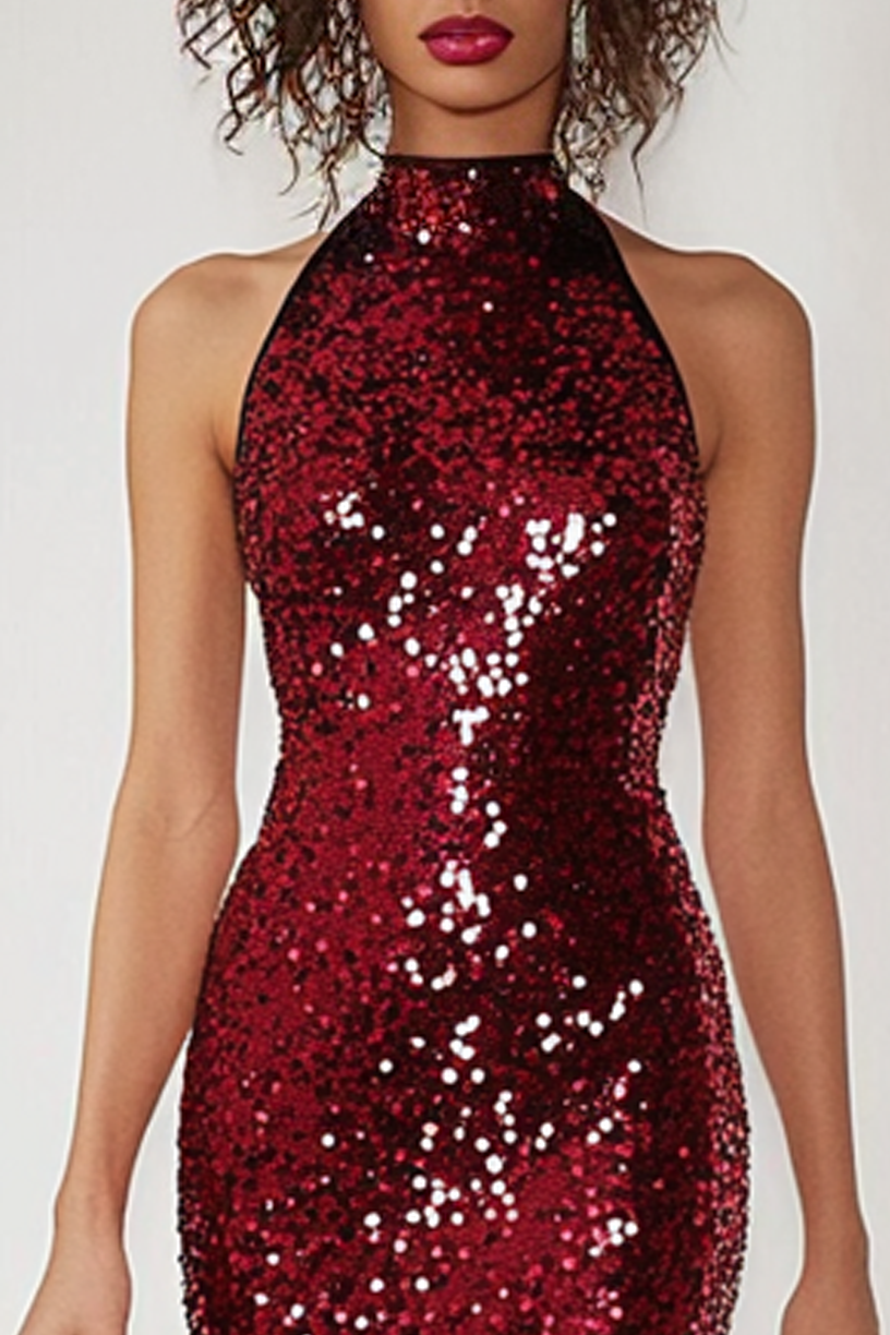Cocktail Party Sequin Dress Red Stand Collar Sleeveless Midi Dress