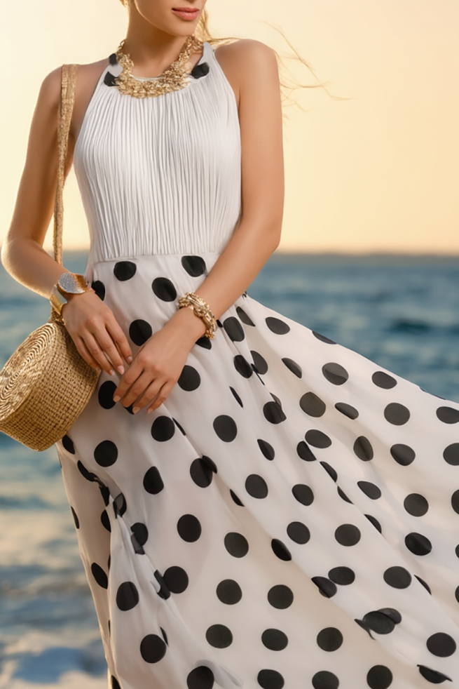 Vacation Halter Dress Black White Polka Dot Chiffon Ruffle Maxi Dress