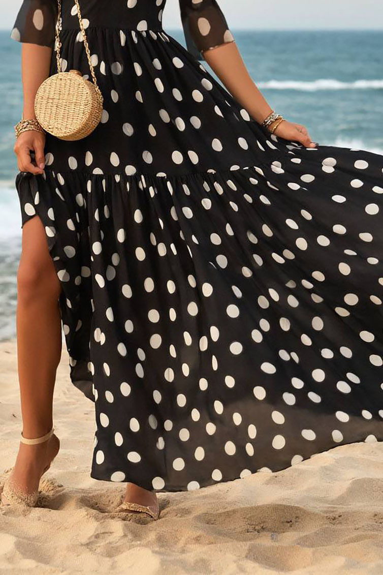 Vacation Casual Dress Black White Polka Dot V Neck Chiffon Maxi Dress