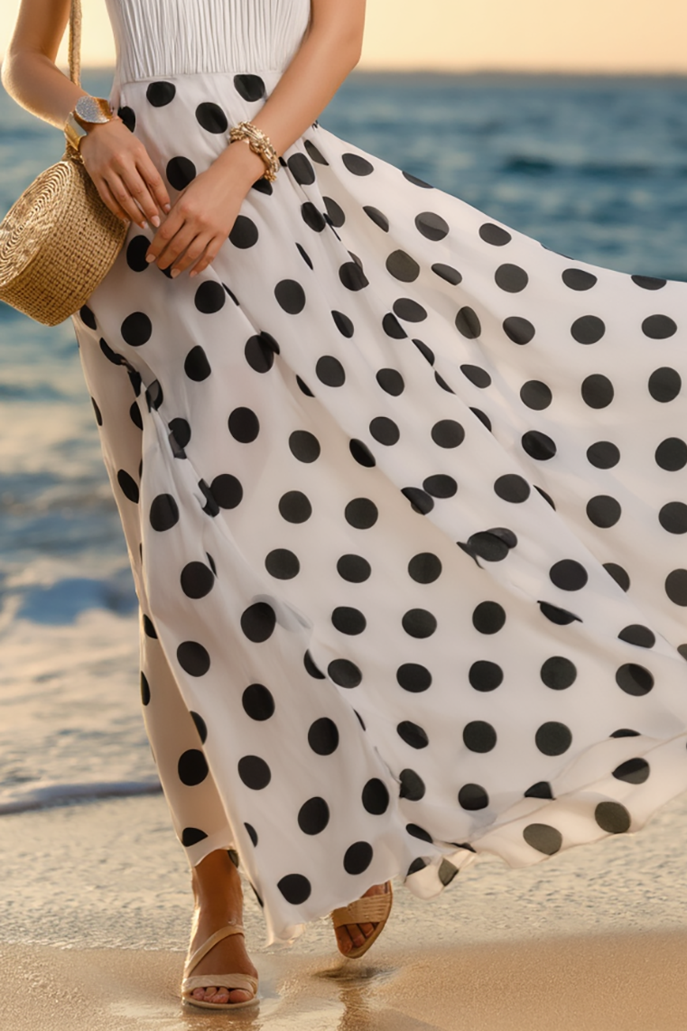 Vacation Halter Dress Black White Polka Dot Chiffon Ruffle Maxi Dress