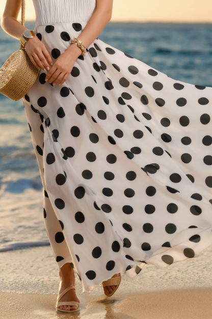 Vacation Halter Dress Black White Polka Dot Chiffon Ruffle Maxi Dress