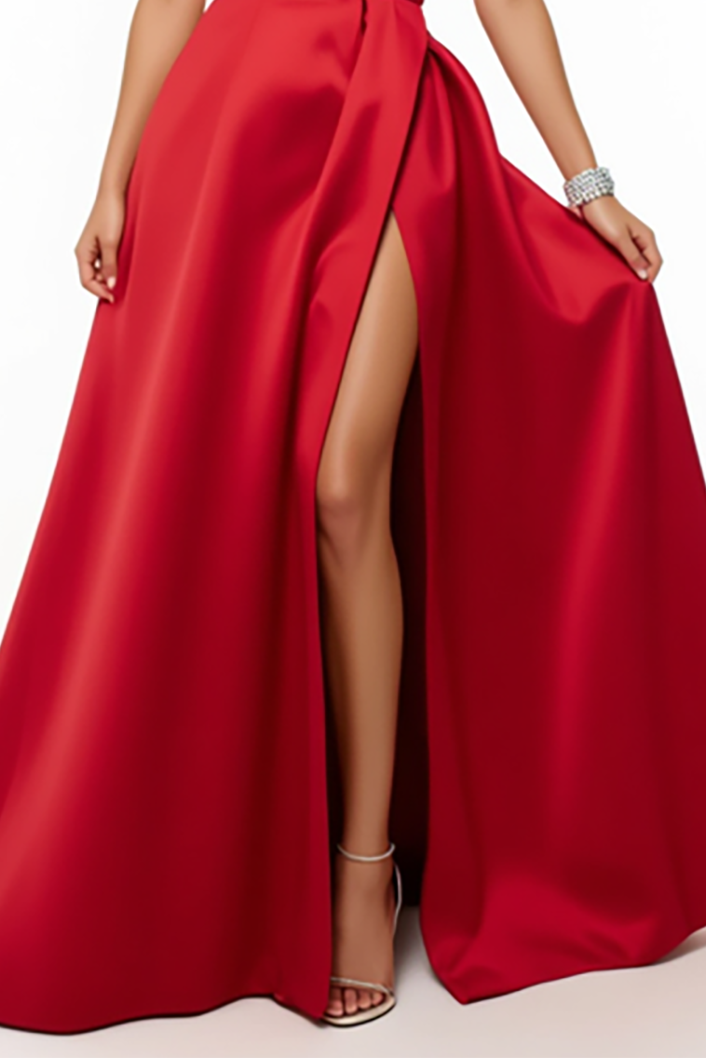 Evening Formal Gown Red Satin Off Shoulder High Split Floor-Length Dress