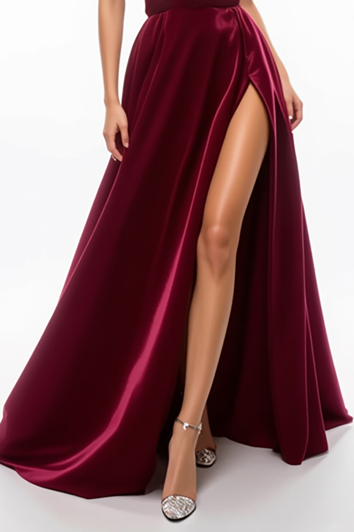 Evening Formal Gown Burgundy Deep V High Slit Floor-Length Dress