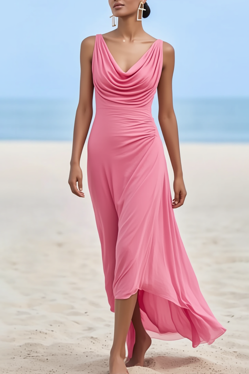 Party Dress Pink Cowl Neck Sleeveless Maxi Dress
