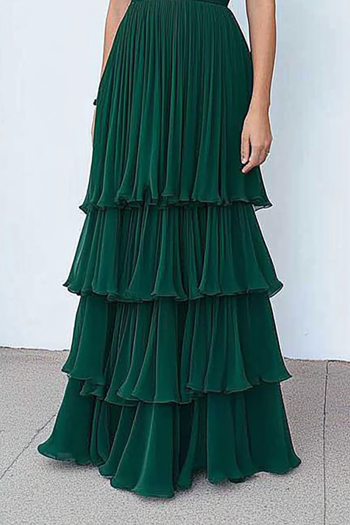 Prom Tiered Dress Green Off Shoulder Ruched Chiffon Floor-Length Gown